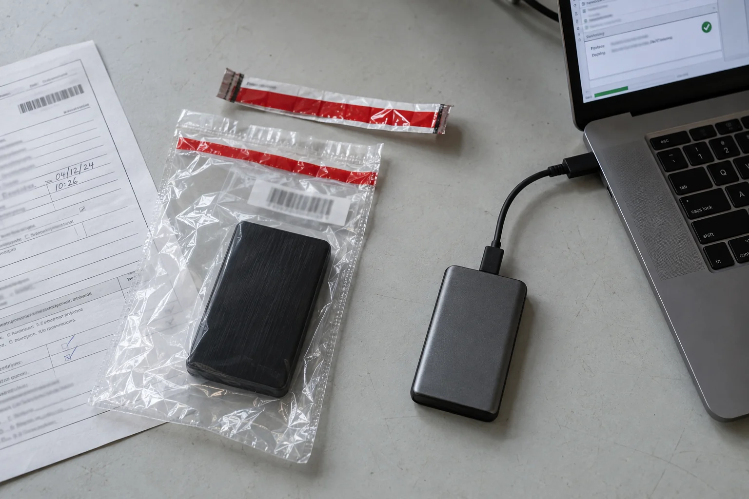 Koruma poşetindeki kaynak disk, ayrı inceleme kopyası ve dosya kontrolü yapılan bilgisayar