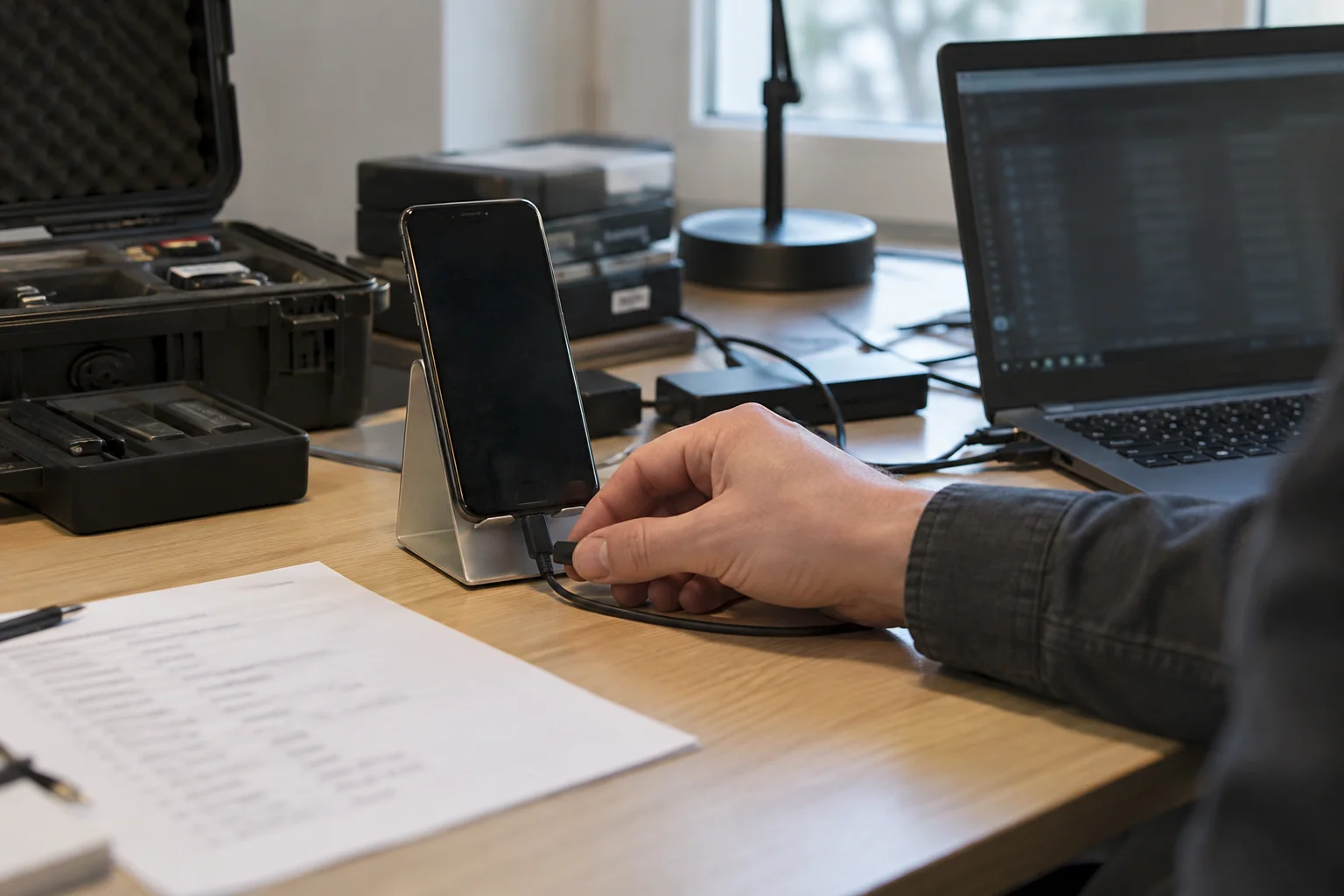 Bir uzmanın telefon uygulama izinlerini ve erişim kayıtlarını değerlendirmesini anlatan çalışma sahnesi